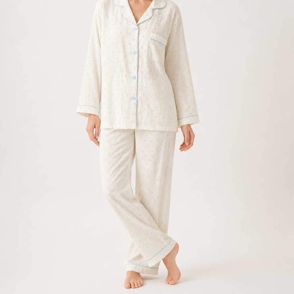 Julia | Womens Cotton Button Up Long Sleeve Loungewear Pajama Set, White 5