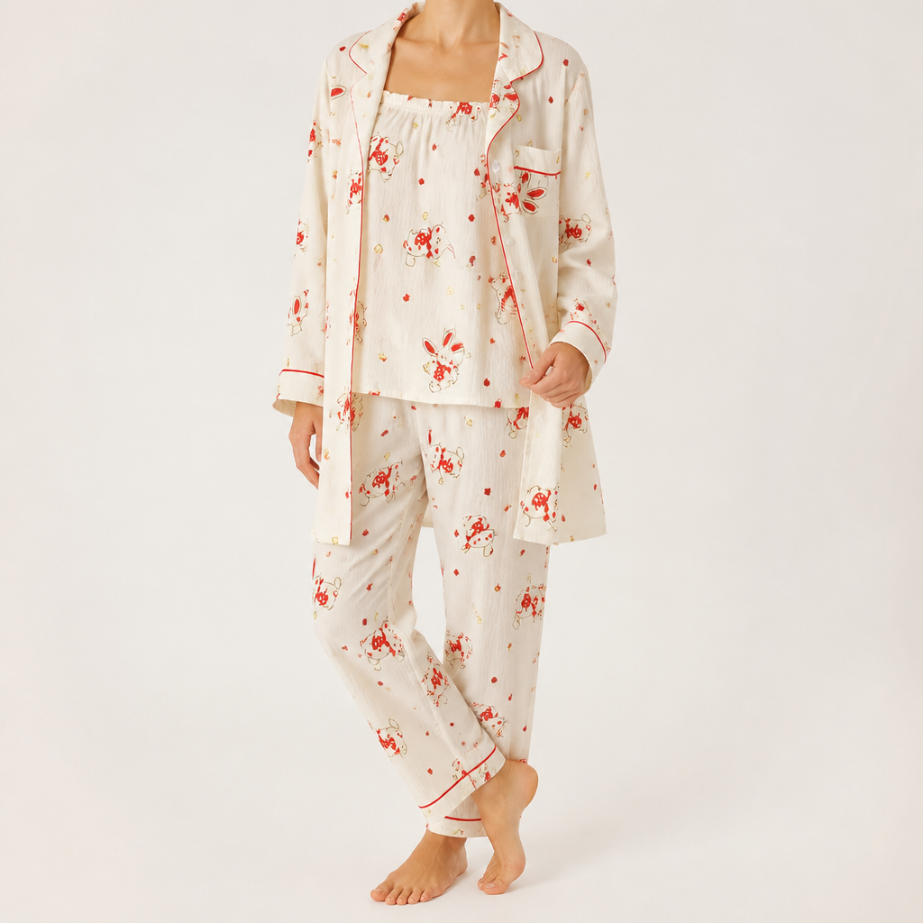 Julia | Womens Cotton Button Up Long Sleeve Loungewear Pajama Set, Ivory 6