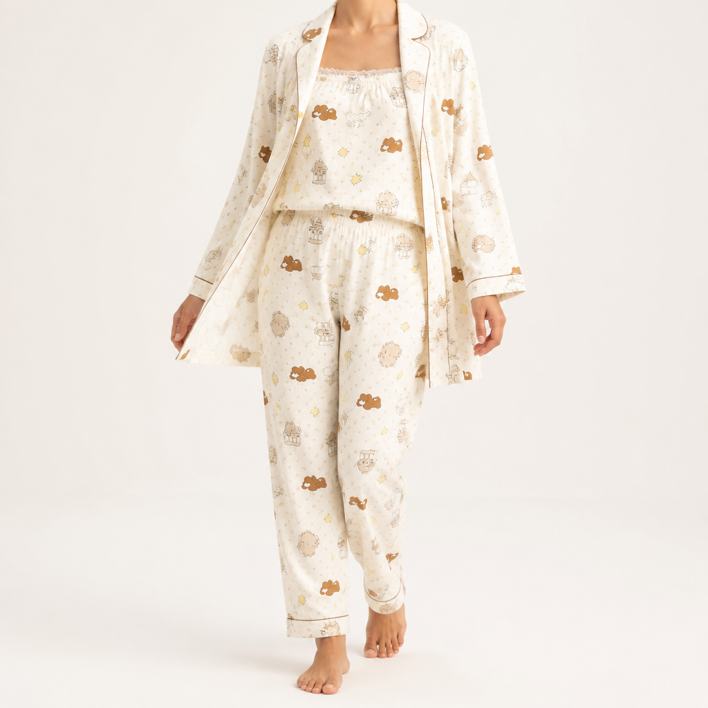 Julia | Womens Cotton Button Up Long Sleeve Loungewear Pajama Set, Ivory 7