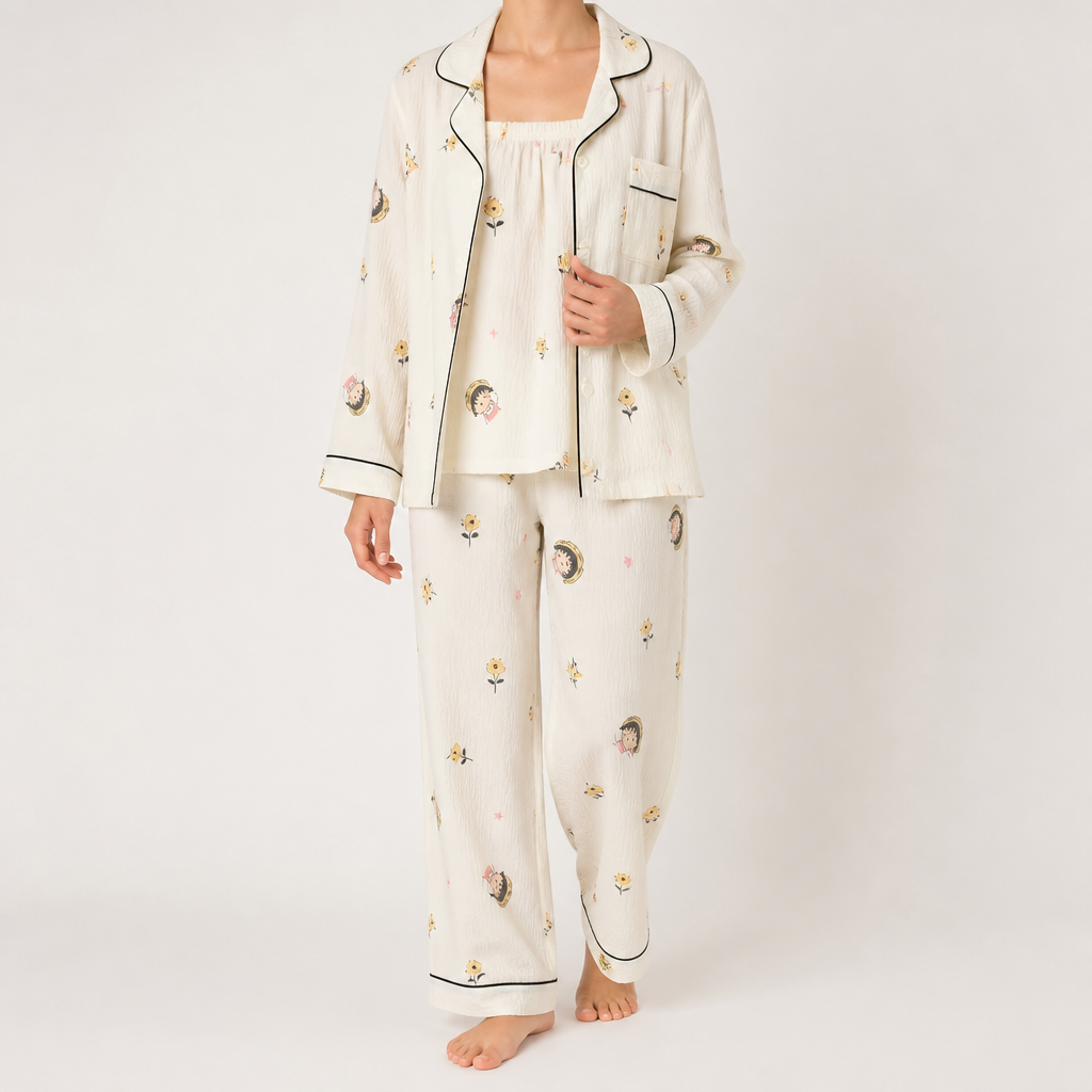 Julia | Womens Cotton Button Up Long Sleeve Loungewear Pajama Set, Cream 7