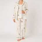 Julia | Womens Cotton Button Up Long Sleeve Loungewear Pajama Set, Cream 7