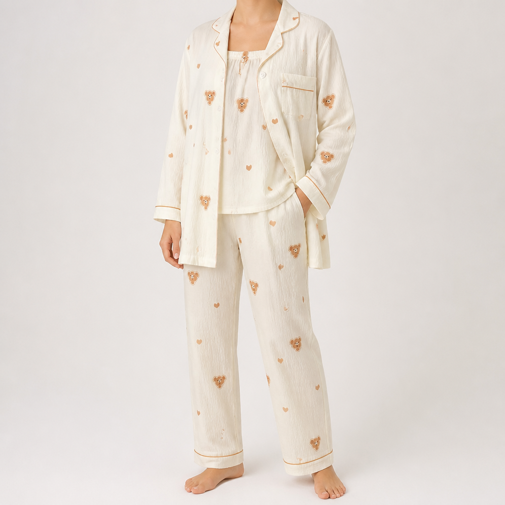 Julia | Womens Cotton Button Up Long Sleeve Loungewear Pajama Set, Ivory 8