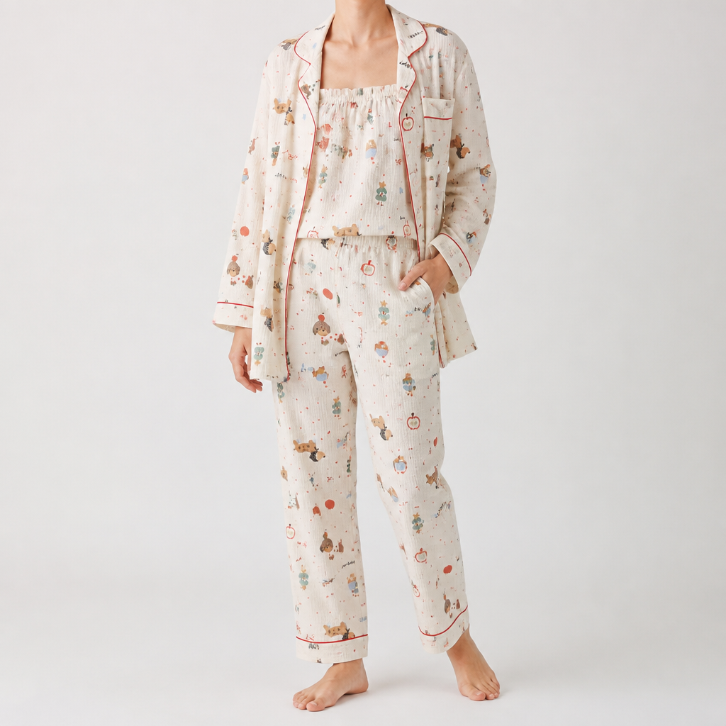 Julia | Womens Cotton Button Up Long Sleeve Loungewear Pajama Set, Cream 8