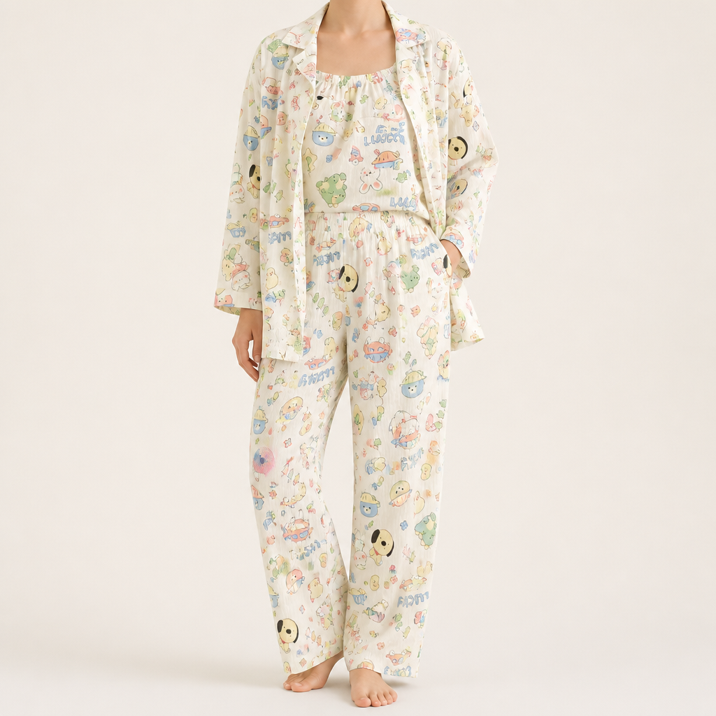 Julia | Womens Cotton Button Up Long Sleeve Loungewear Pajama Set, Cream 9