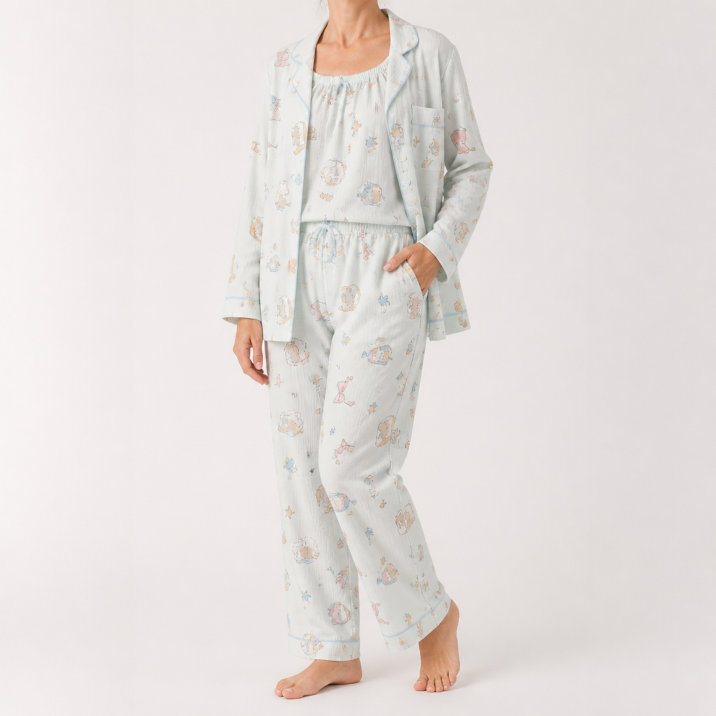 Julia | Womens Cotton Button Up Long Sleeve Loungewear Pajama Set, Ivory 10