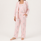 Julia | Womens Cotton Button Up Long Sleeve Loungewear Pajama Set, Pink 4