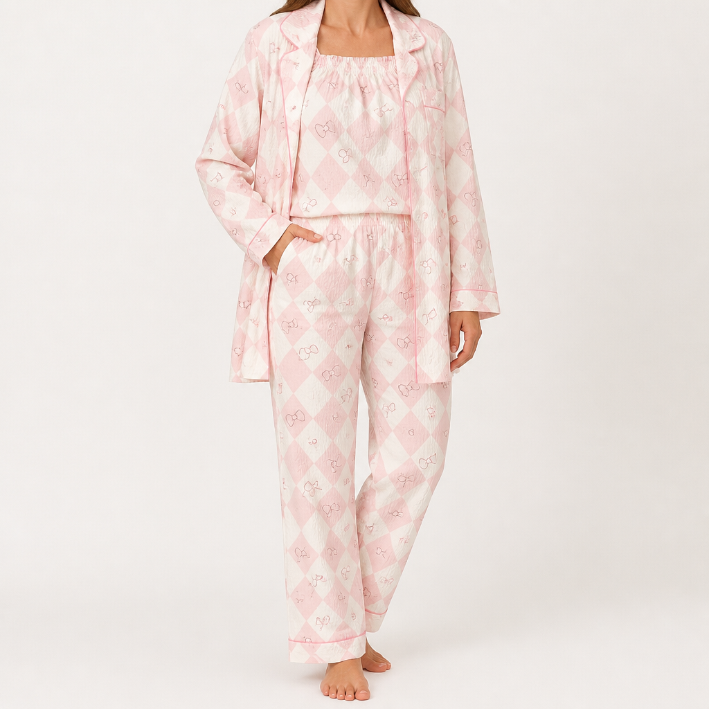 Julia | Womens Cotton Button Up Long Sleeve Loungewear Pajama Set, Pink 5