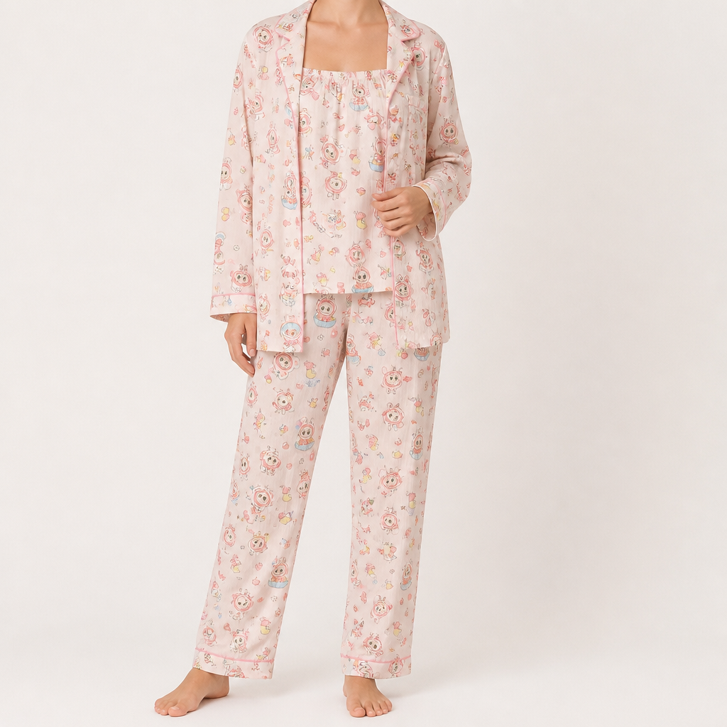 Julia | Womens Cotton Button Up Long Sleeve Loungewear Pajama Set, Pink 6