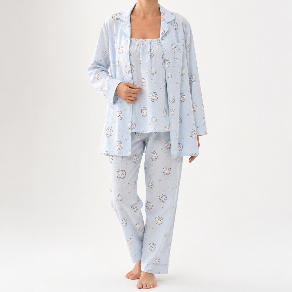 Julia | Womens Cotton Button Up Long Sleeve Loungewear Pajama Set, Light Blue