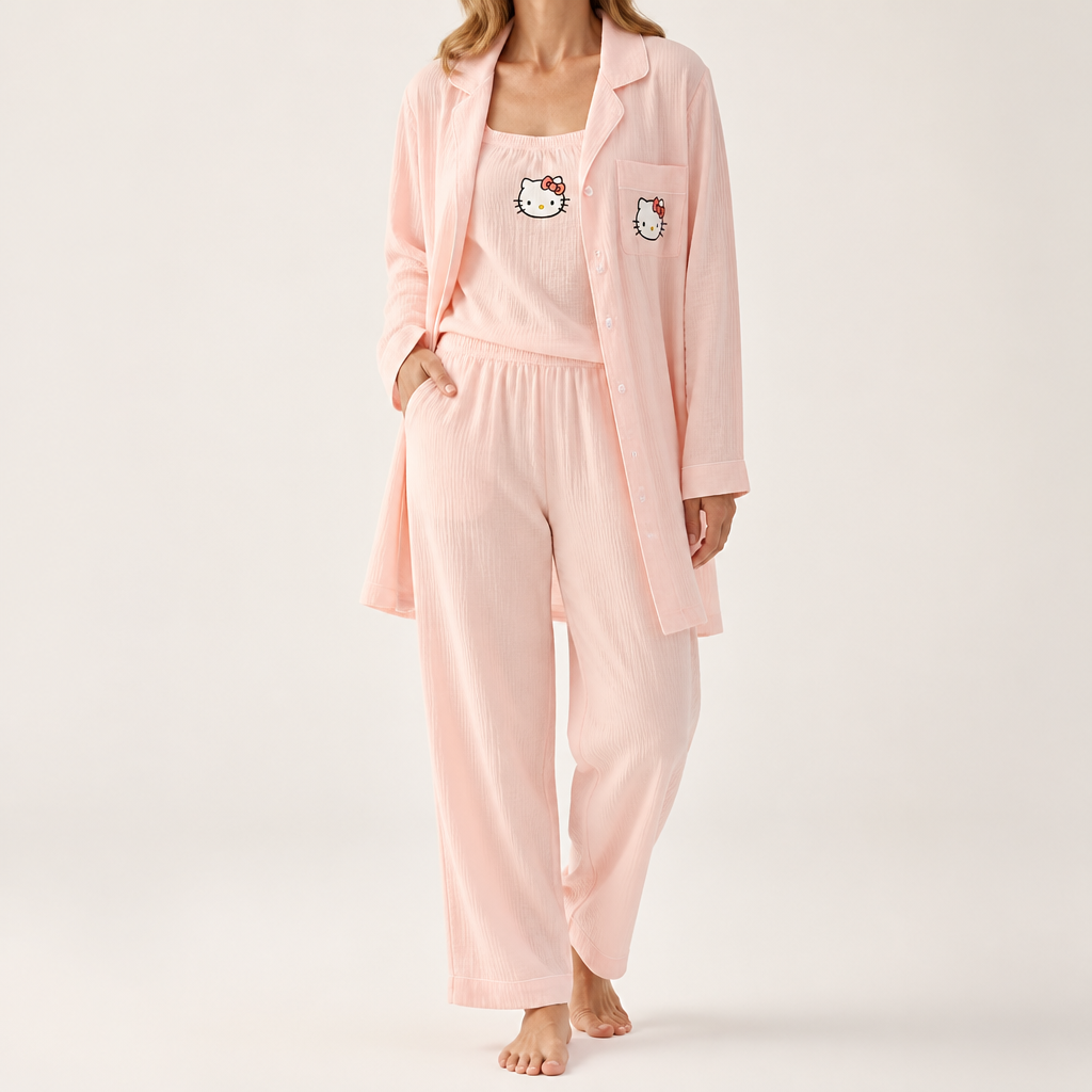 Julia | Womens Cotton Button Up Long Sleeve Loungewear Pajama Set, Pink 7