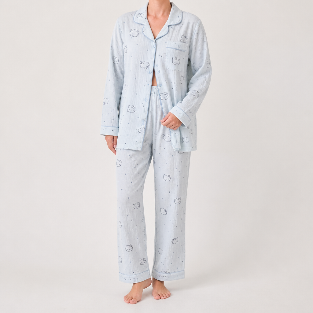 Julia | Womens Cotton Button Up Long Sleeve Loungewear Pajama Set, Blue 3