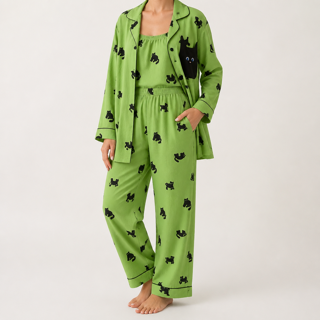 Julia | Womens Cotton Button Up Long Sleeve Loungewear Pajama Set, Green 2