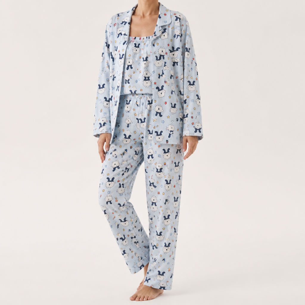Julia | Womens Cotton Button Up Long Sleeve Loungewear Pajama Set, Light Blue 2