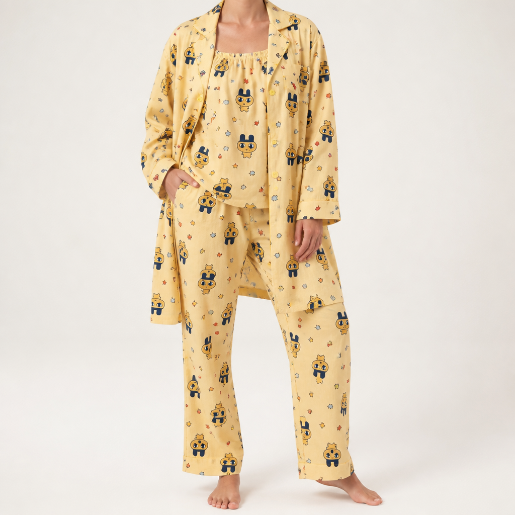 Julia | Womens Cotton Button Up Long Sleeve Loungewear Pajama Set, Yellow 2