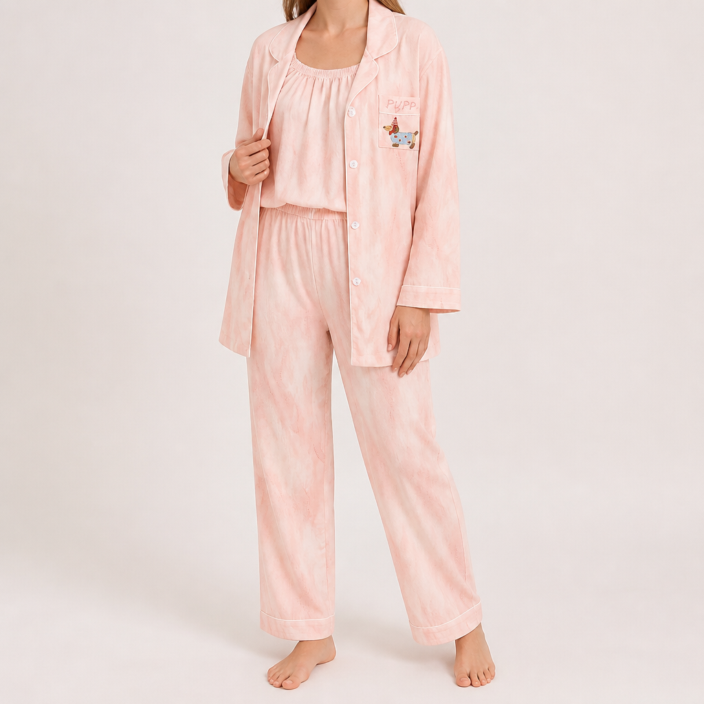 Julia | Womens Cotton Button Up Long Sleeve Loungewear Pajama Set, Pink 9
