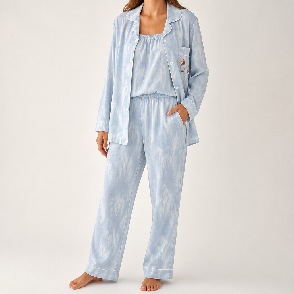 Julia | Womens Cotton Button Up Long Sleeve Loungewear Pajama Set, Blue 4