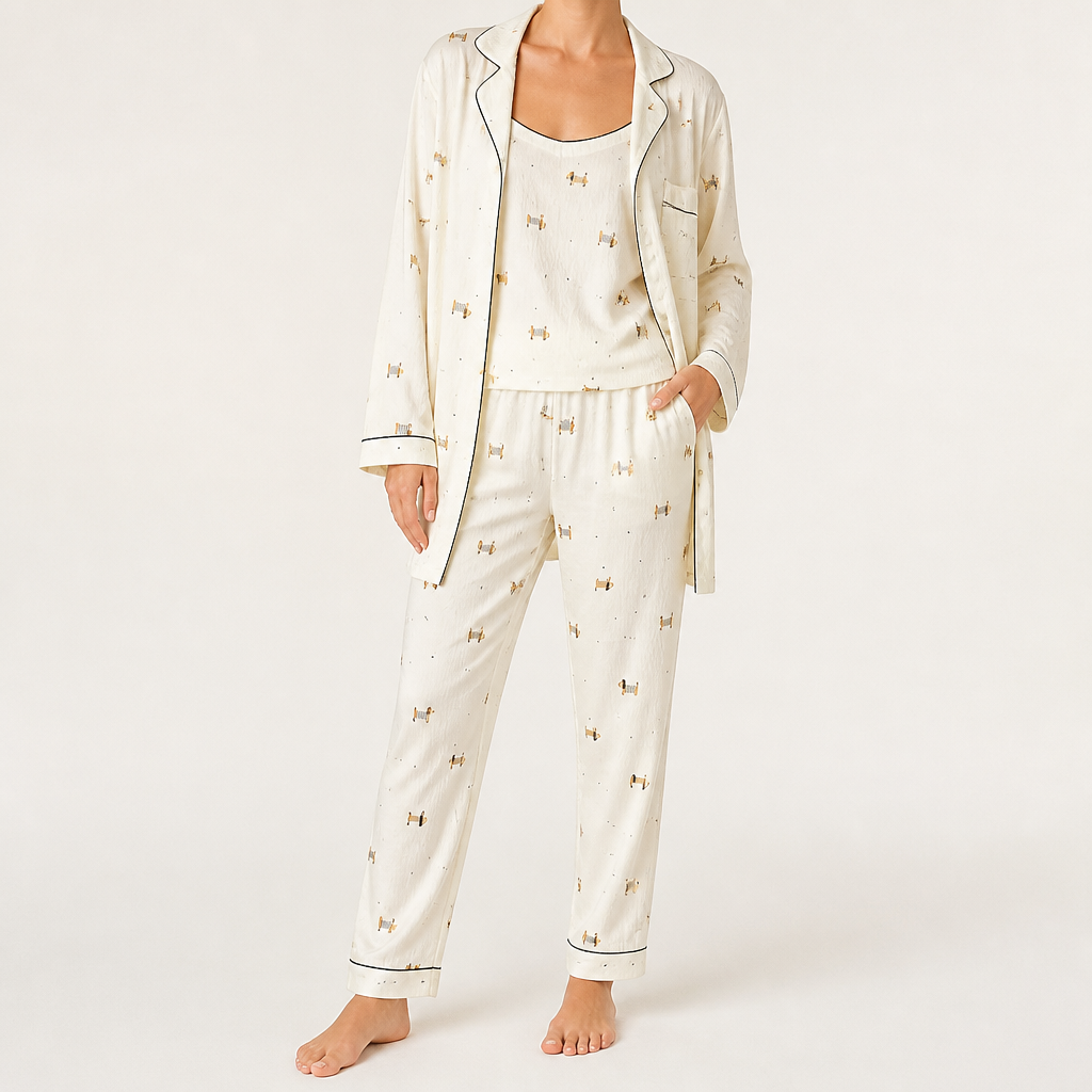 Julia | Womens Cotton Button Up Long Sleeve Loungewear Pajama Set, White 2