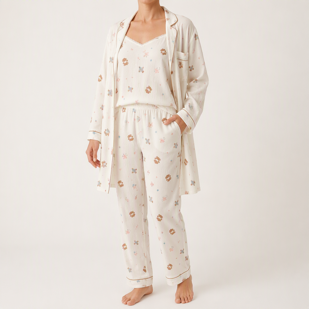 Julia | Womens Cotton Button Up Long Sleeve Loungewear Pajama Set, Ivory 14