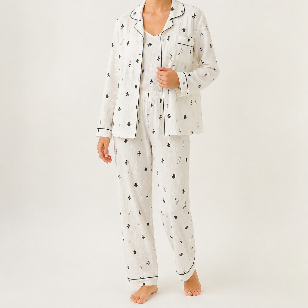 Julia | Womens Cotton Button Up Long Sleeve Loungewear Pajama Set, Ivory 2