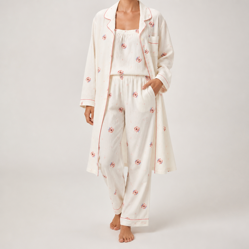 Julia | Womens Cotton Button Up Long Sleeve Loungewear Pajama Set, Cream 2