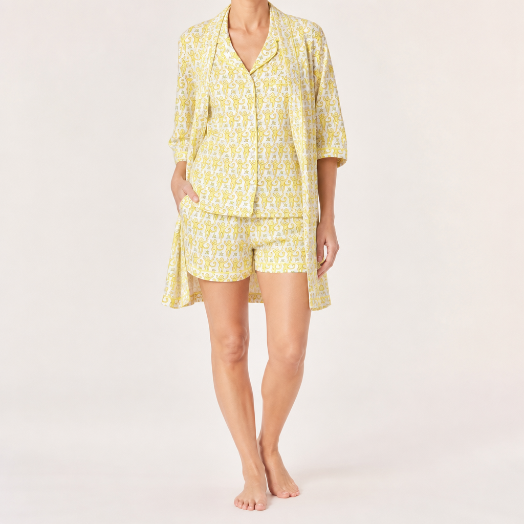 Julie | Womens Short Sleeve Cotton Shorts Pajama Set, Lemon Yellow