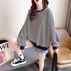 Juno | Womens Striped Long Sleeve Sweatshirt - Navy Blue