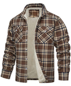 Keir | Mens Flannel Plaid Shirt Jacket, Khaki Fleece Lined