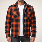 Keir | Mens Flannel Plaid Shirt Quilted Fleece Winter Down Padded Jacket, Orange Quilted