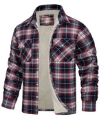 Keir | Mens Flannel Plaid Shirt Jacket, Wine Red Fleece Lined