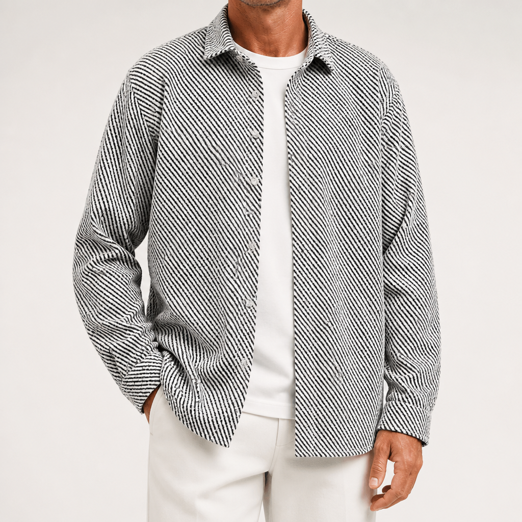 Kent | Mens Long Sleeve Shirt Casual Loose Fashion Button Down, White And Grey Suit