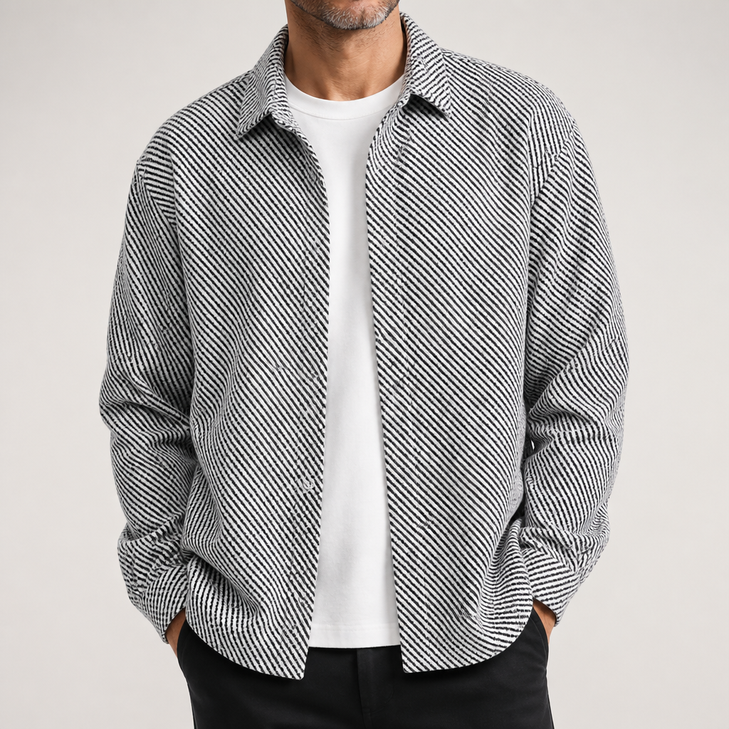 Kent | Mens Long Sleeve Shirt Casual Loose Fashion Button Down, White And Grey Top