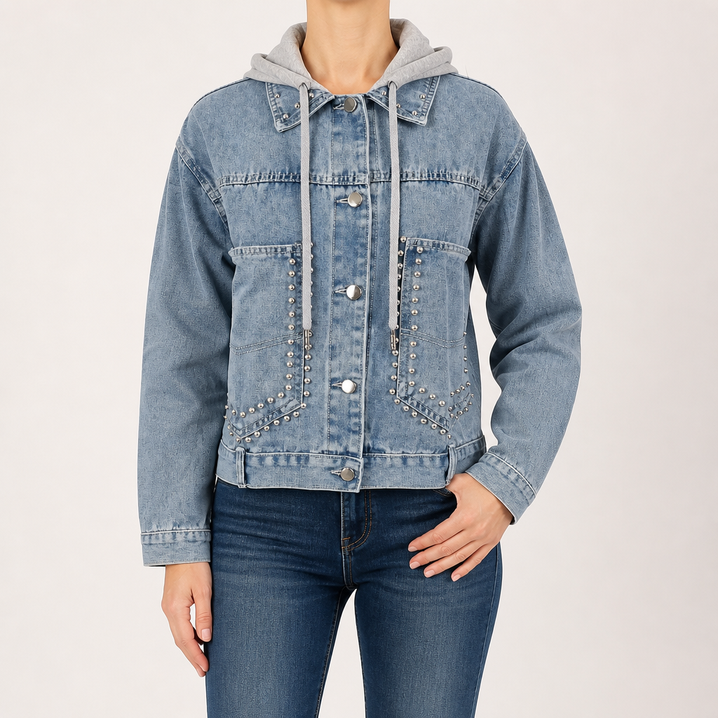 Kenzie | Womens Studded Washed Denim Jacket, Blue 2