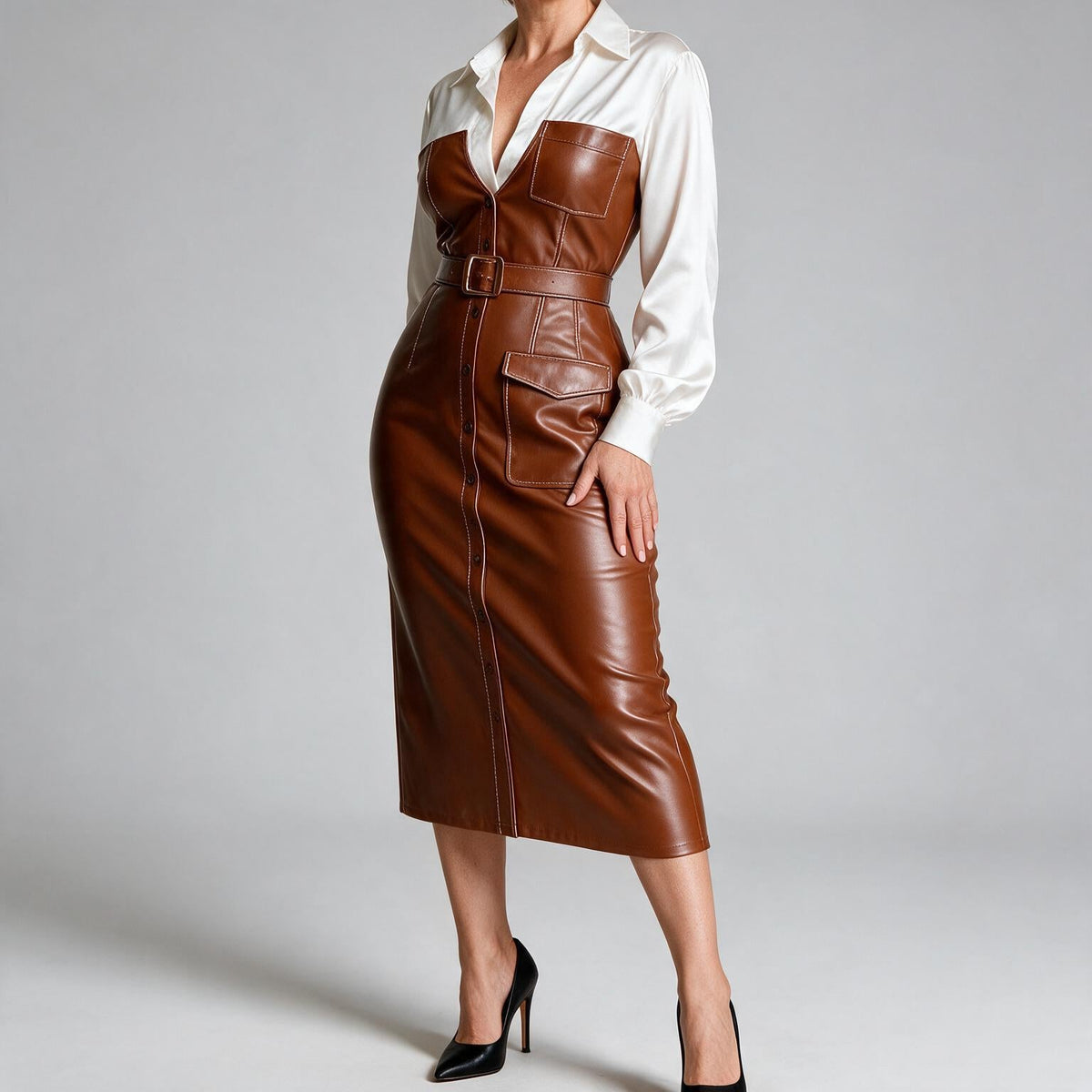 Kinley | Womens Long Sleeve Belted Leather Look Midi Shirt Dress