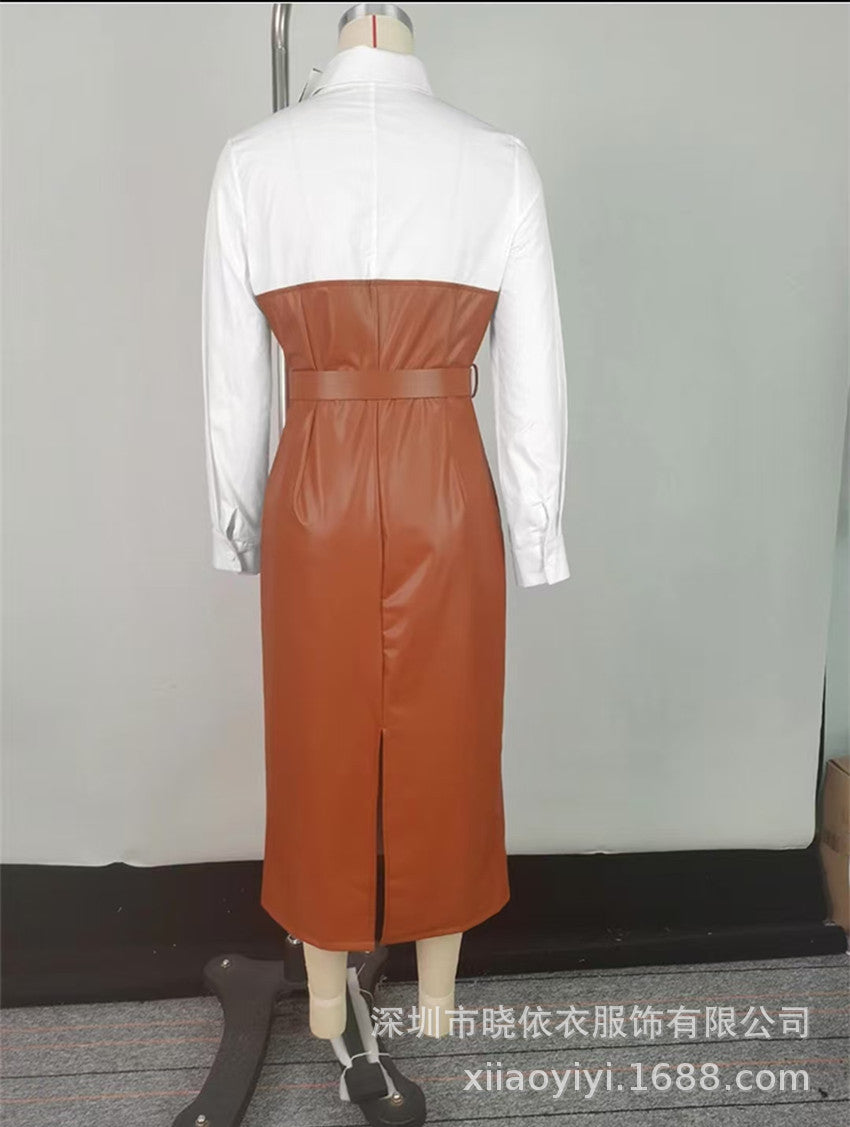 Kinley | Womens Long Sleeve Belted Leather Look Midi Shirt Dress