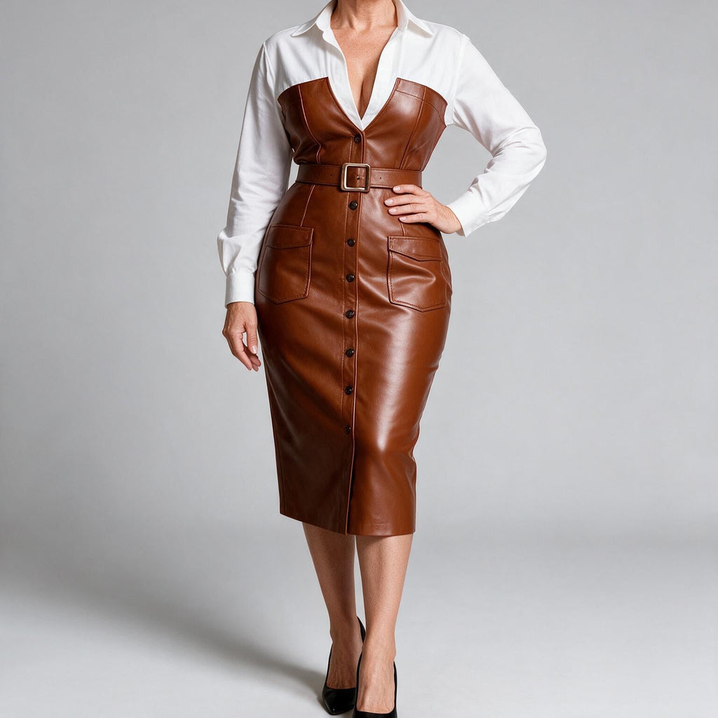 Kinley | Womens Long Sleeve Belted Leather Look Midi Shirt Dress