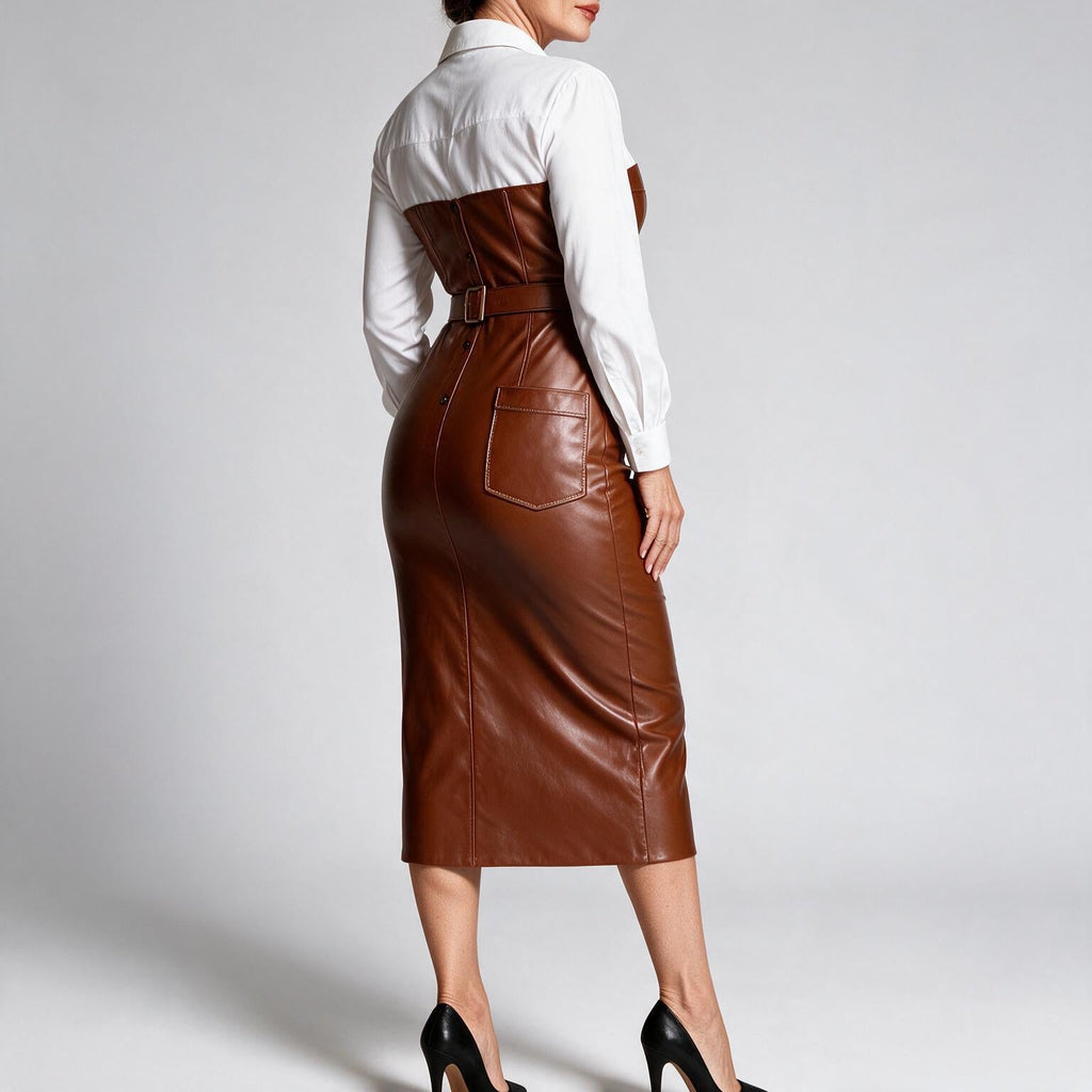 Kinley | Womens Long Sleeve Belted Leather Look Midi Shirt Dress