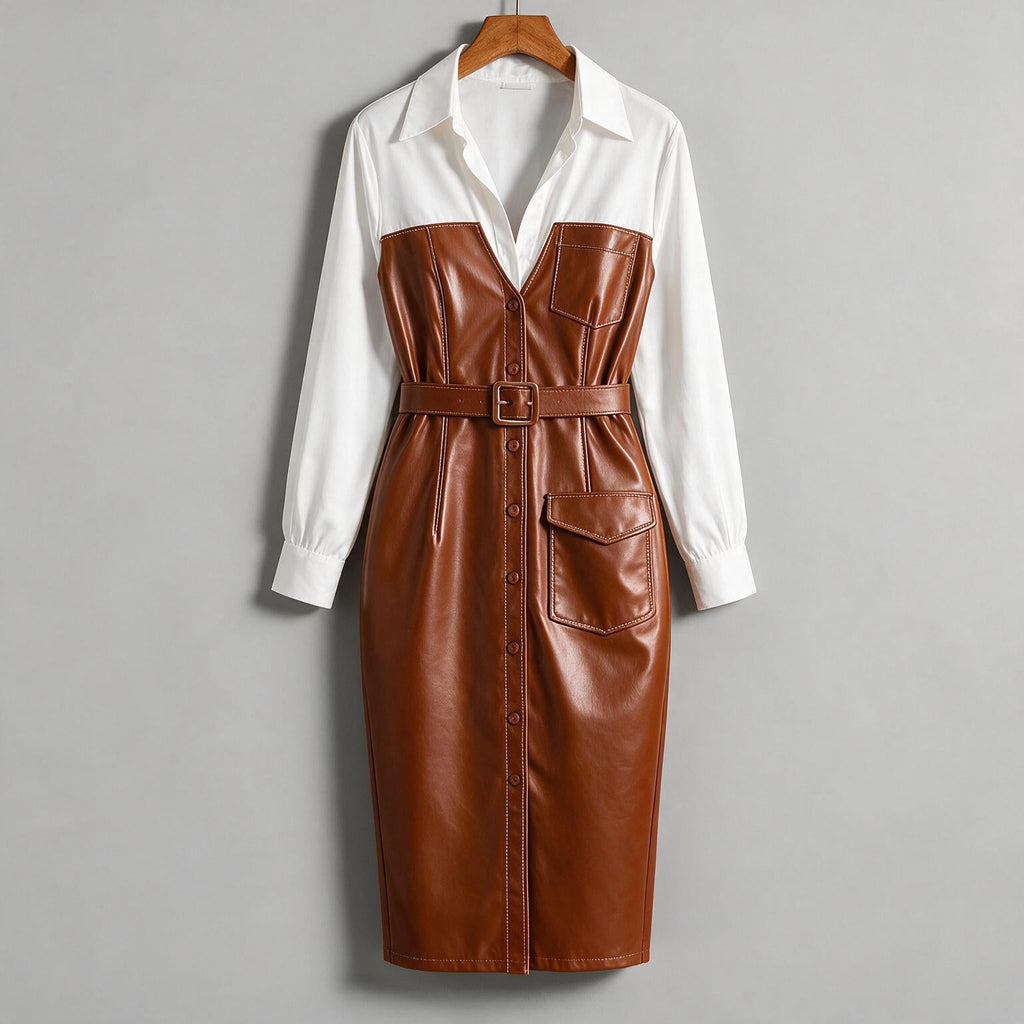 Kinley | Womens Long Sleeve Belted Leather Look Midi Shirt Dress