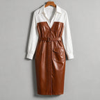 Kinley | Womens Long Sleeve Belted Leather Look Midi Shirt Dress