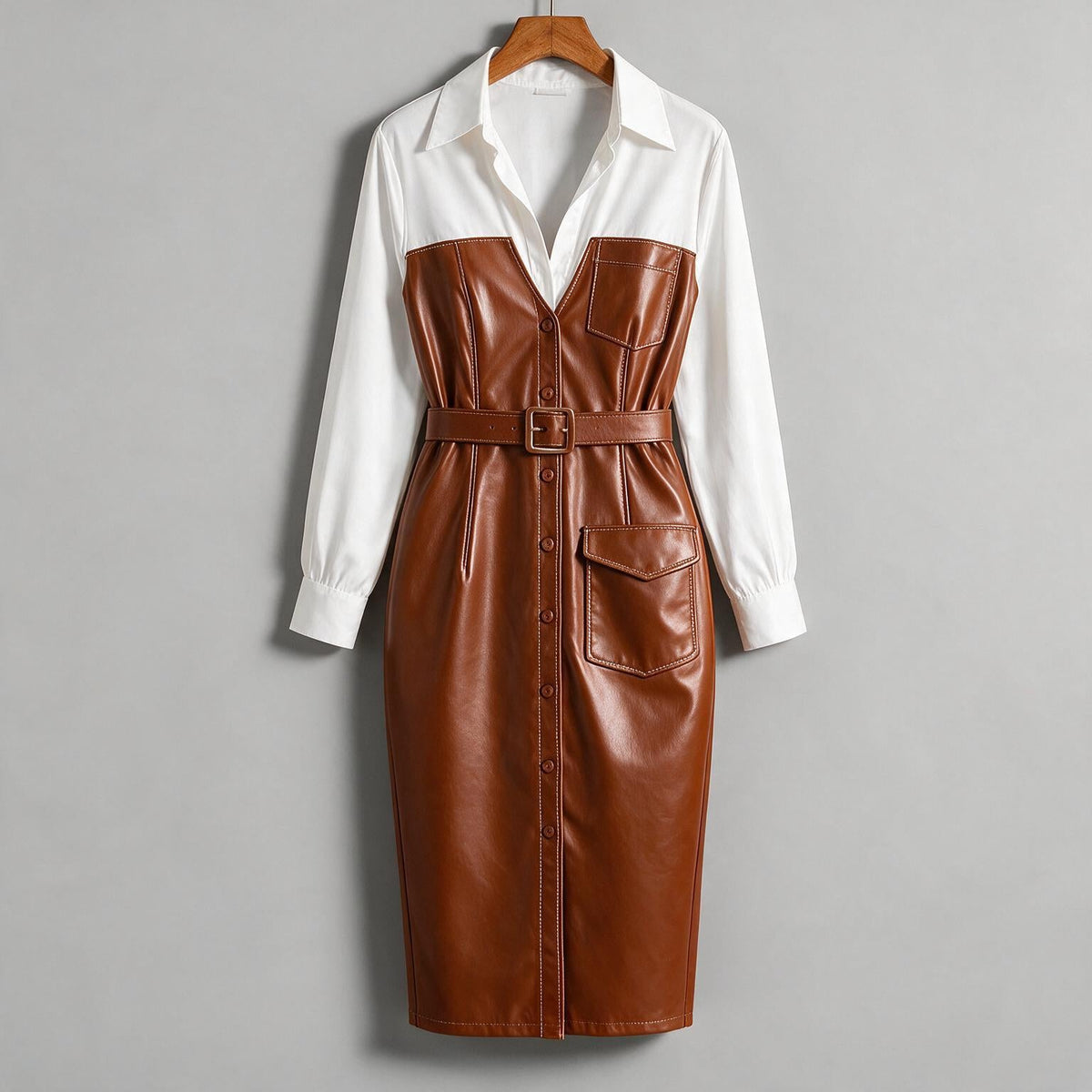 Kinley | Womens Long Sleeve Belted Leather Look Midi Shirt Dress