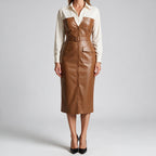 Kinley | Womens Long Sleeve Belted Leather Look Midi Shirt Dress