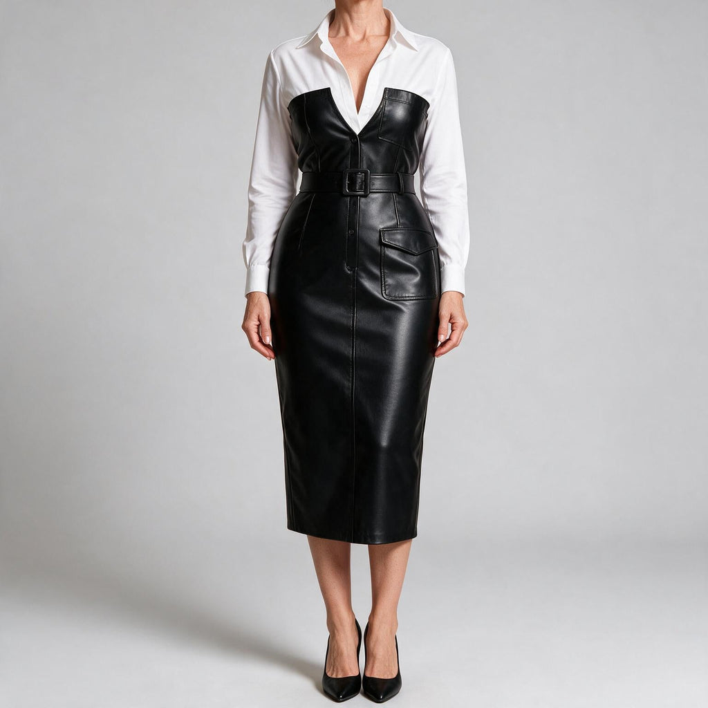 Kinley | Womens Long Sleeve Belted Leather Look Midi Shirt Dress