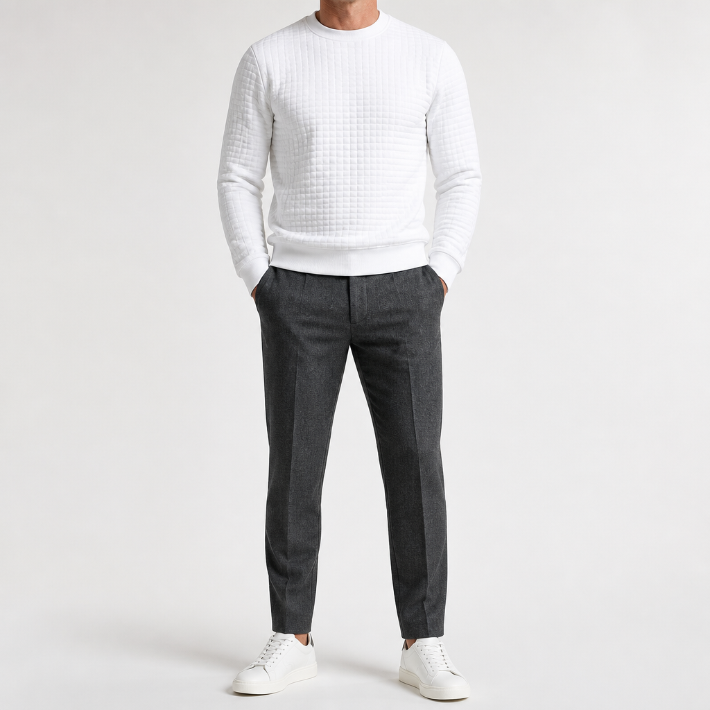 Kurt | Mens Checkered Crewneck Sweatshirt Knit Pullover Sweater, White