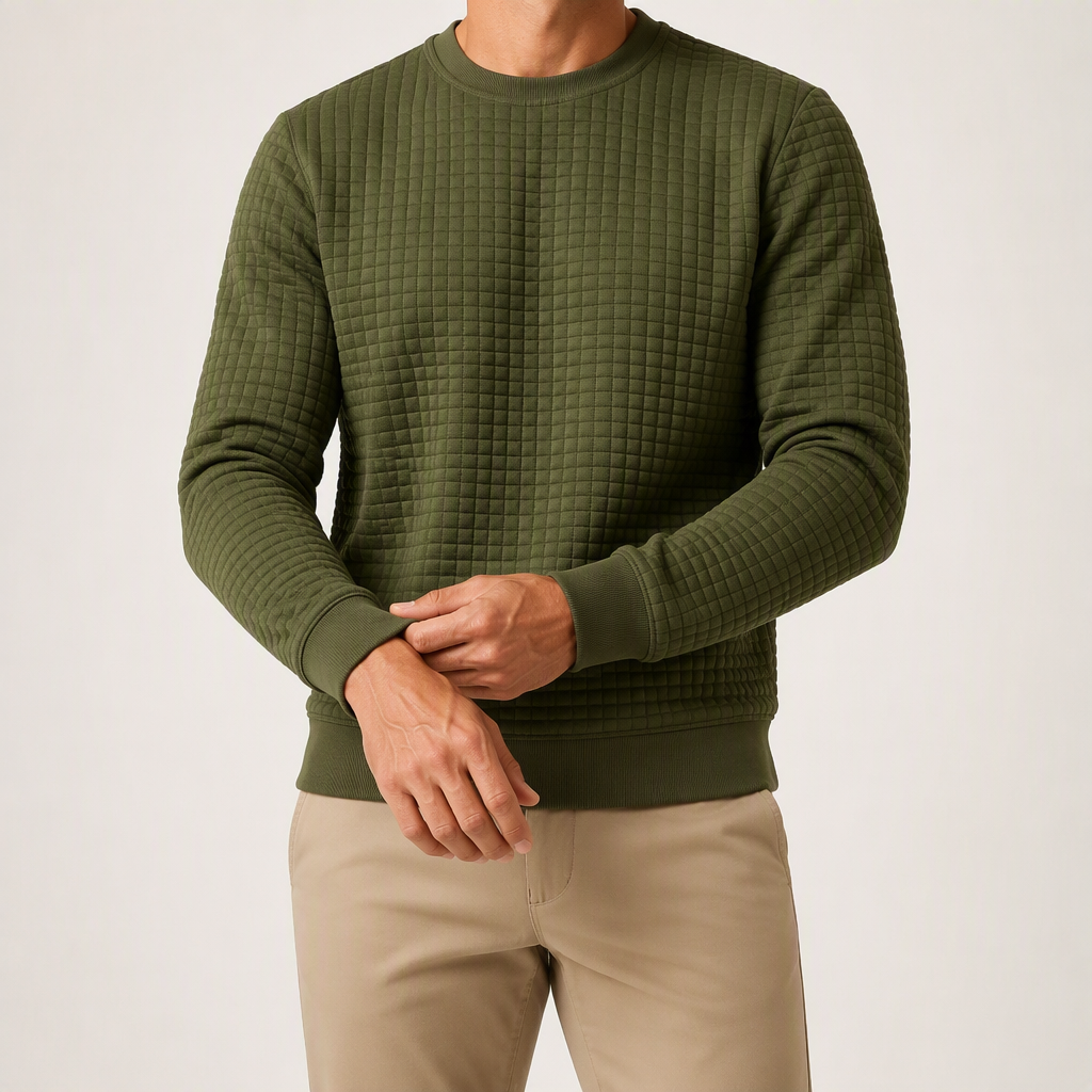 Kurt | Mens Checkered Crewneck Sweatshirt Knit Pullover Sweater, Army Green