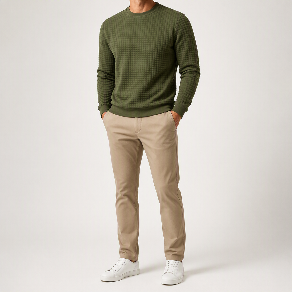 Kurt | Mens Checkered Crewneck Sweatshirt Knit Pullover Sweater, Army Green