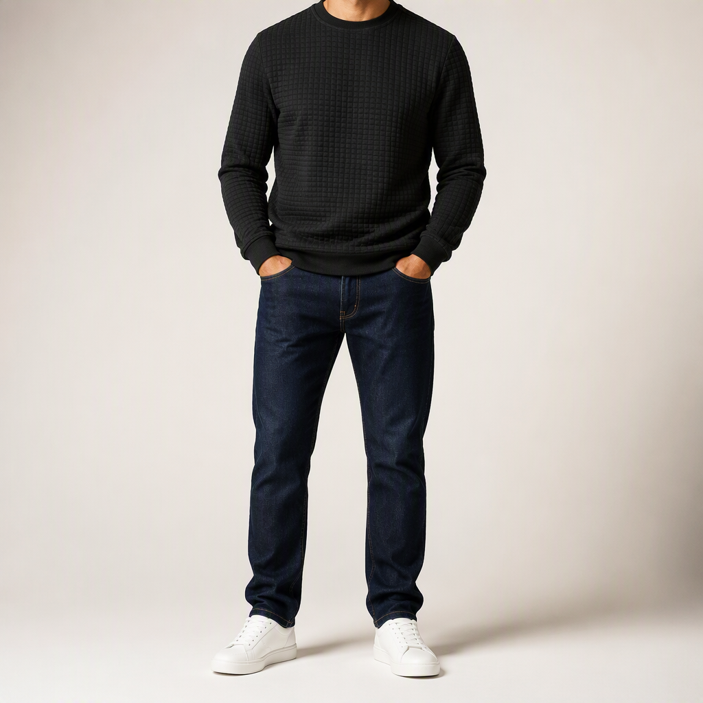 Kurt | Mens Checkered Crewneck Sweatshirt Knit Pullover Sweater, Black