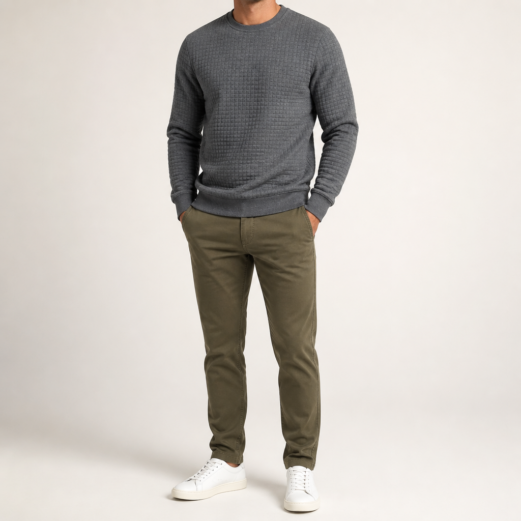 Kurt | Mens Checkered Crewneck Sweatshirt Knit Pullover Sweater, Dark Grey