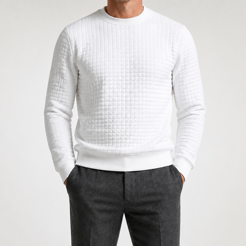 Kurt | Mens Checkered Crewneck Sweatshirt Knit Pullover Sweater, White