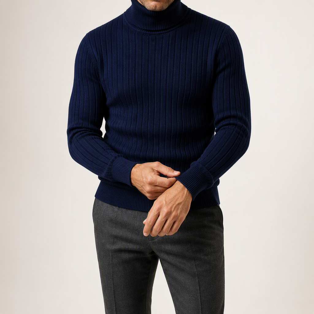 Lance | Mens Turtleneck Sweater Knit Roll Neck Warm Winter Pullover, Navy