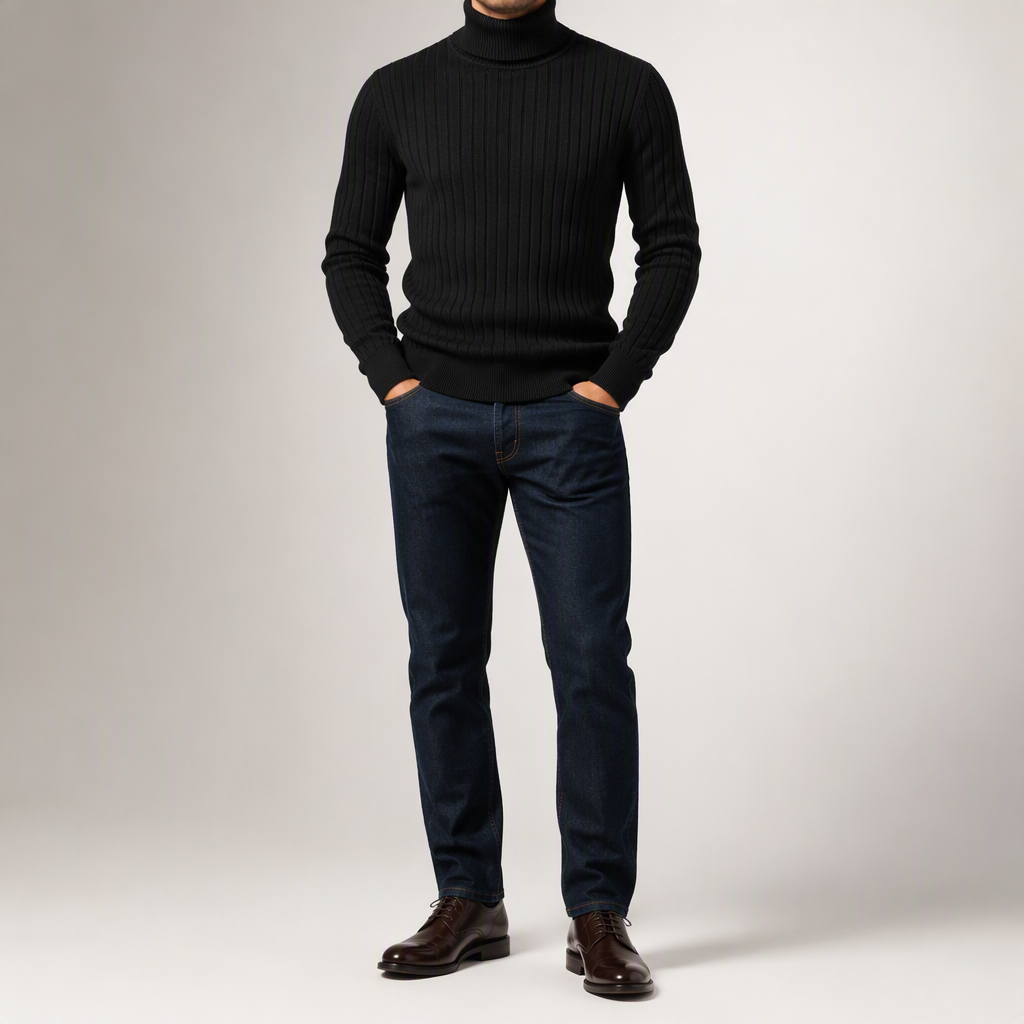 Lance | Mens Turtleneck Sweater Knit Roll Neck Warm Winter Pullover, Black