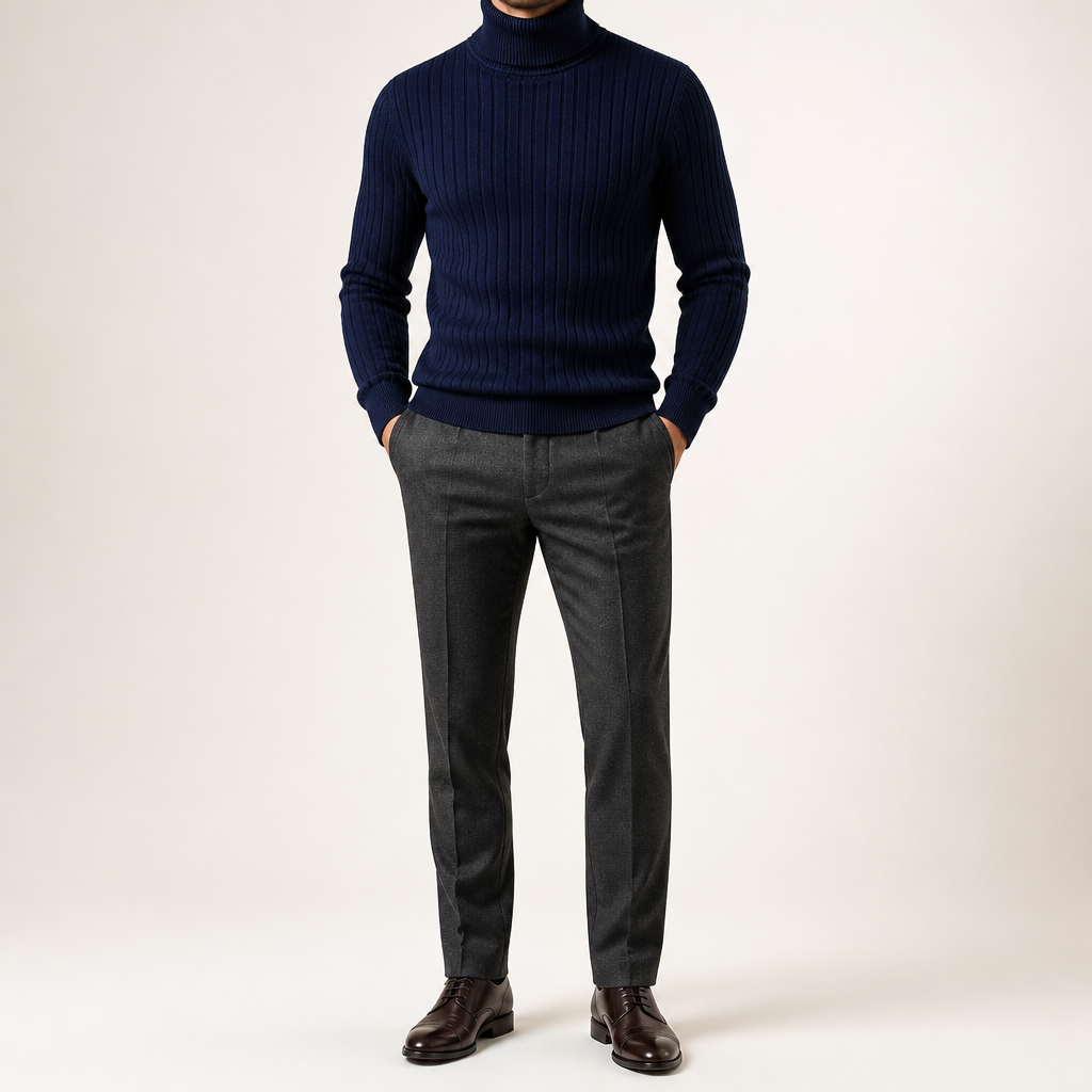 Lance | Mens Turtleneck Sweater Knit Roll Neck Warm Winter Pullover, Navy
